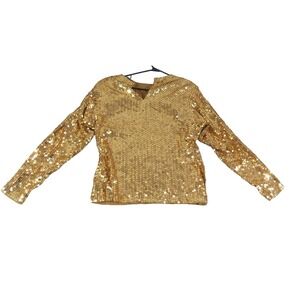 VTG Della Roufogali Silk Sequin Blouse Women M Gold Party Glam Top Party Holiday